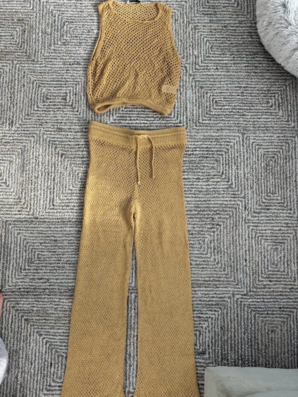 WeWoreWhat Mustard Crochet Knit Tank & Drawstring Pants Set